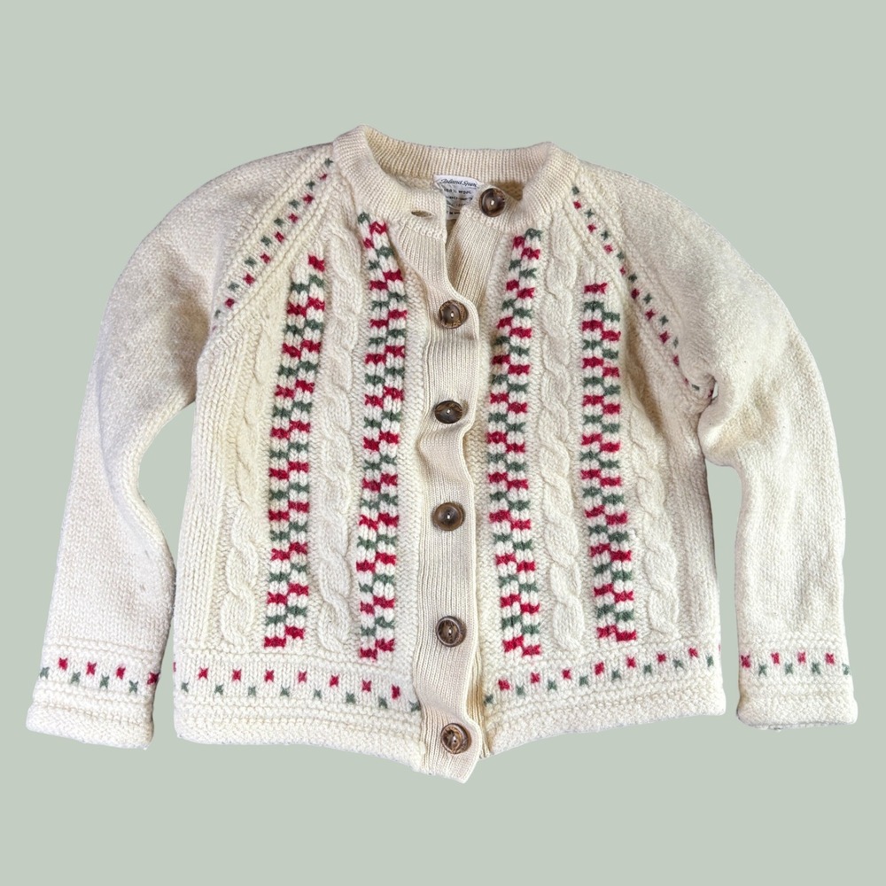 Island Spun Cardigan 40 Cream Wool Fair Isle Cable Knit Button Front Cottagecore